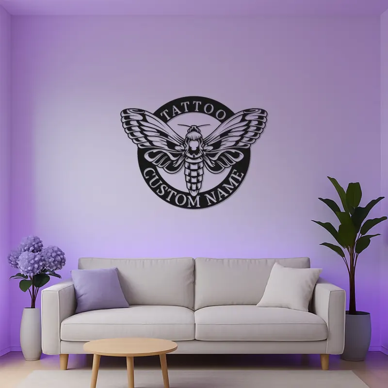 Custom Death's Head Moth LED Sign | Layered Metal Wall Art | Tattoo Studio Decor | Gothic Home Aesthetic | Personalized Business Logo