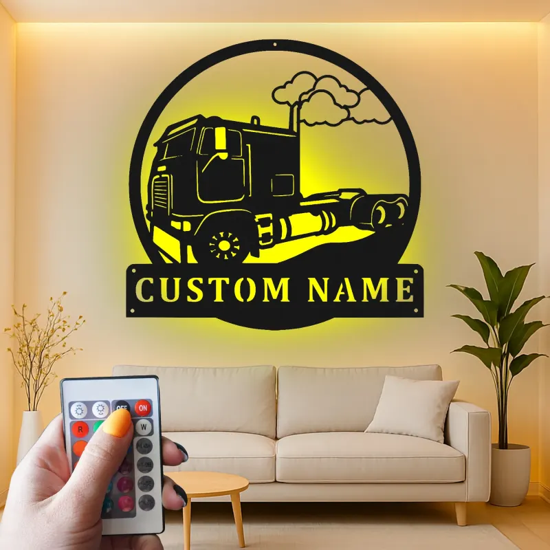 Custom Semi Truck Metal Sign | Personalized LED Wall Art for Truckers | Big Rig Garage Decor | Gift for Drivers