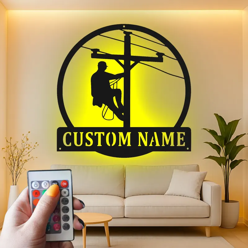 Personalized Lineman Sign | LED Metal Wall Art for Electrician | Custom Name Powerline Decor | Gift for Utility Worker Dad Husband
