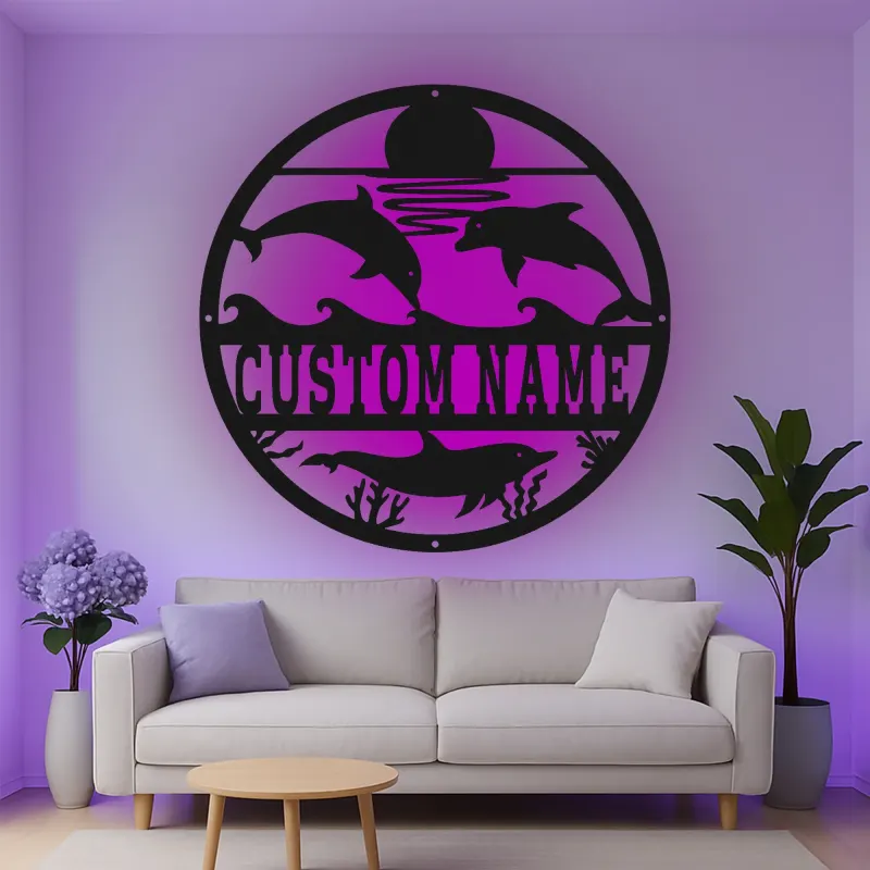Personalisierte LED-Metall-Wandkunst mit Delfin-Ozeanszene – Geschenk für Strandhaus und Küsten-Wohnzimmer