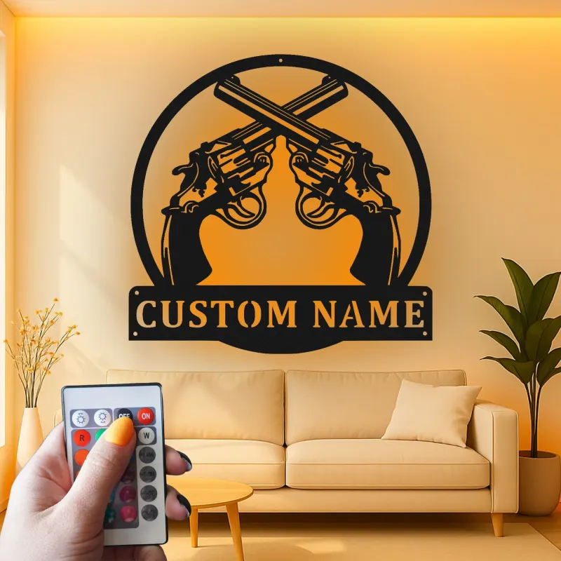 Arte da parete in metallo personalizzata con revolver incrociati | Insegna western LED | Regalo cowboy personalizzato | Arredo rustico per man cave