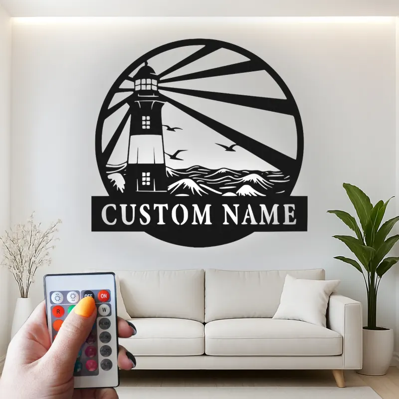 Personalisierte Metalltafel Leuchtturm | LED Strandhaus Dekor | Personalisierte Nautische Wandkunst | Küsten-Ozeanszene