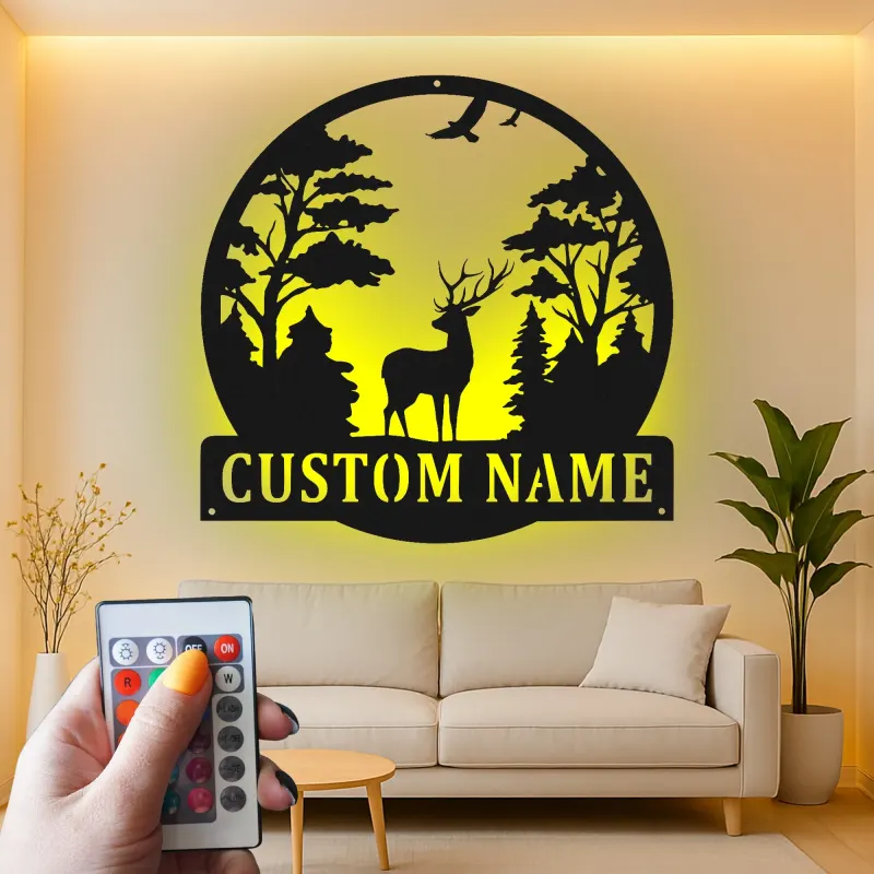 Insegna in metallo personalizzata con scena di cervo e luce LED, regalo per amanti della natura, decorazione per cabine o lodge