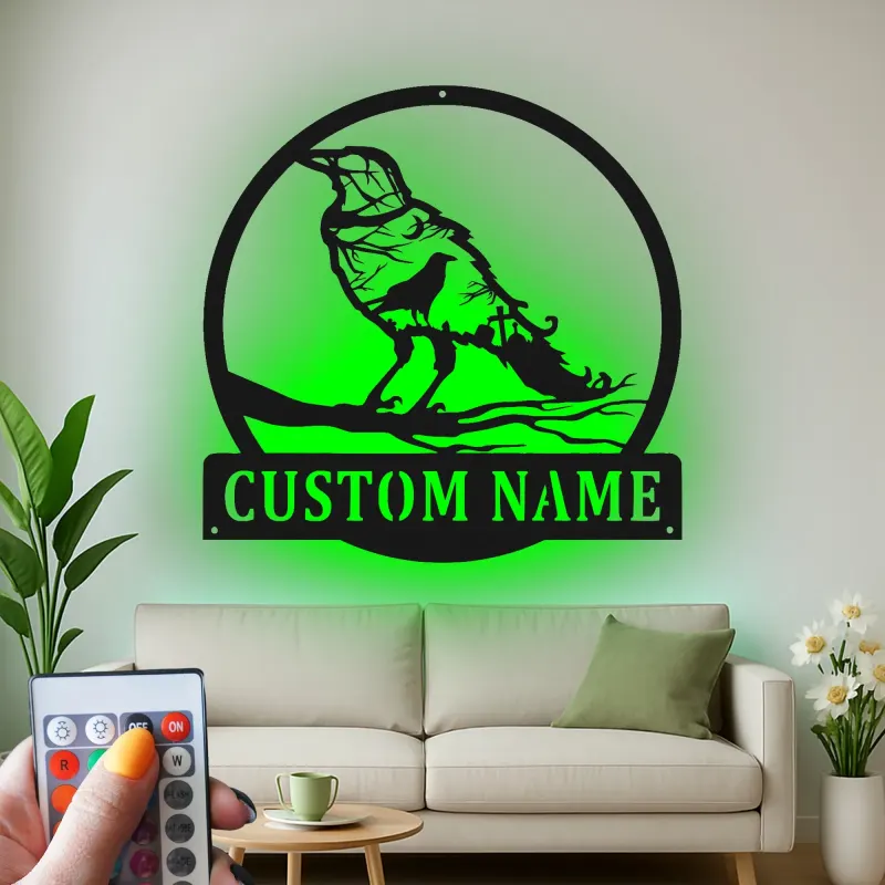 Cartel de metal LED de cuervo personalizado, regalo único para amantes de la naturaleza, acento decorativo para el hogar