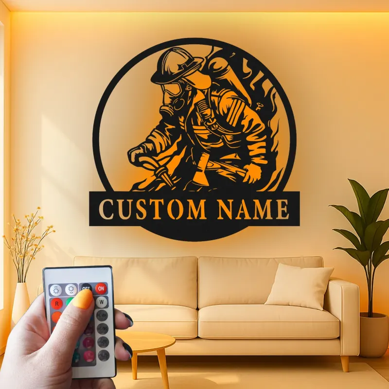 Insegna in Metallo LED Personalizzata per Vigili del Fuoco | Arte Murale Personalizzata per Vigile del Fuoco | Regalo per Dipartimento dei Pompieri e Primo Rispondente