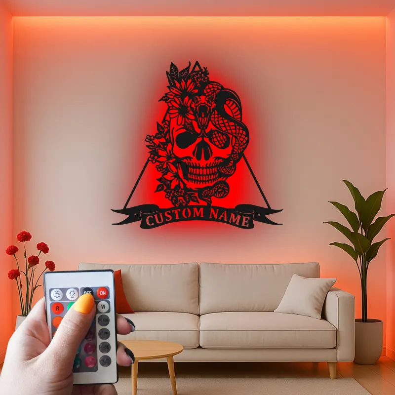 Gothic Skull & Snake LED Metal Wall Art | Personalized Tattoo Studio Decor | Custom Name Sign for Home Bar
