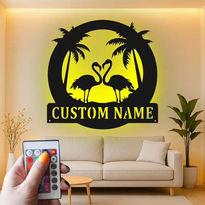 Panneau en métal Flamant Rose personnalisé | Art mural LED tropical | Décor de nom de maison de plage personnalisé | Cadeau décor de coucher de soleil