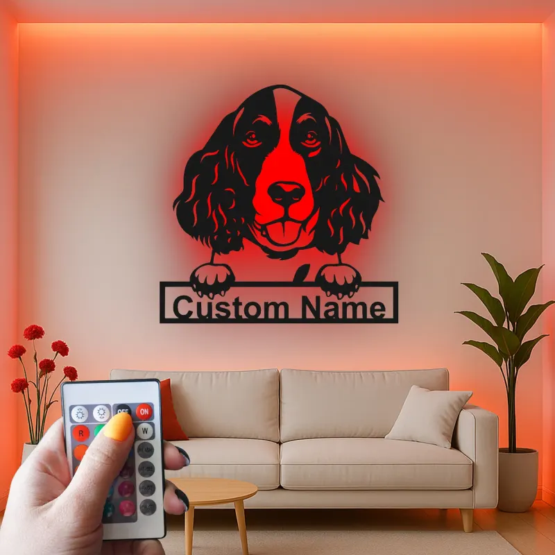 Cartel de metal LED de Springer Spaniel personalizado, regalo para amantes de perros, decoración de sala de estar