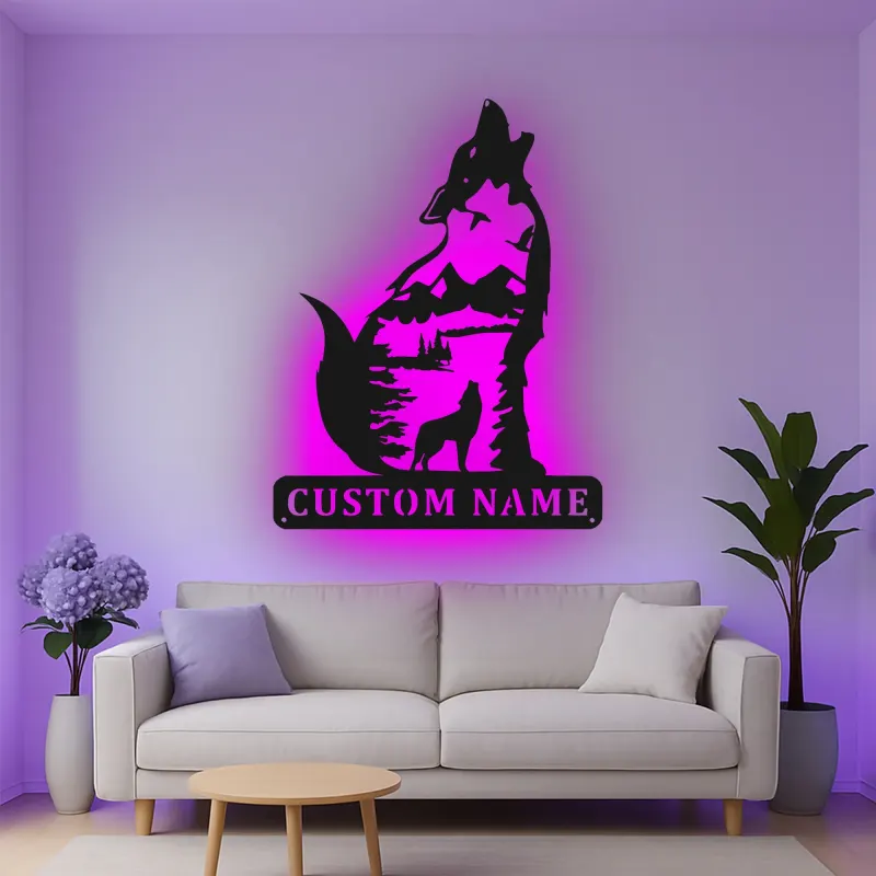 Cartel de metal personalizado de lobo aullando con luz LED Regalo para amantes de la naturaleza Decoración rústica de cabaña 3
