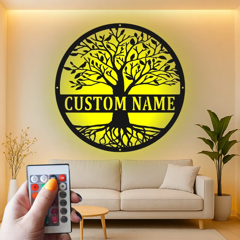 Art Mural LED Arbre de Vie | Panneau de Nom de Famille Personnalisé | Décor Métal Personnalisé pour Entrée | Cadeau de Crémaillère pour Couples
