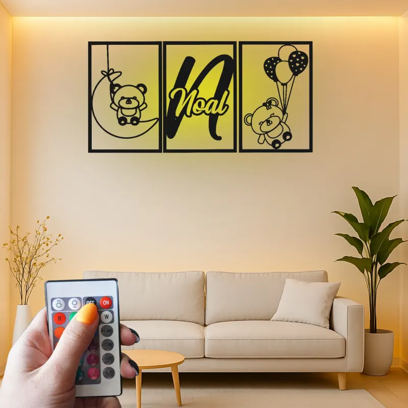 Cartel de nombre de oso de peluche personalizado | Arte mural de metal LED para guardería | Decoración de habitación de bebé personalizada | Regalo de recuerdo para recién nacidos