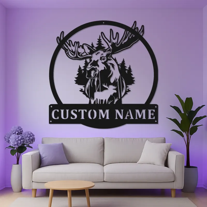 Insegna in Metallo Personalizzata con Alce | Arte Murale Faunistica con LED | Decorazione Rustica per Rifugio o Casa
