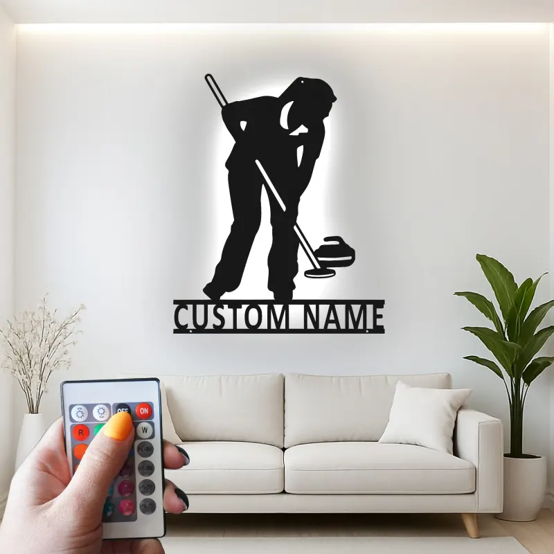 Insegna in metallo con giocatore di curling e luce LED - Regalo sportivo per appassionati di curling - Decorazione per sala giochi