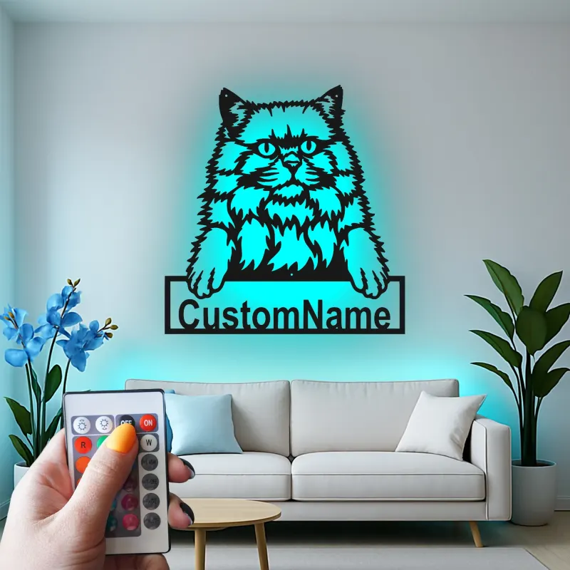 Cartel de metal LED de gato persa personalizado, regalo para amantes de mascotas, decoración para dormitorio o sala de estar 1