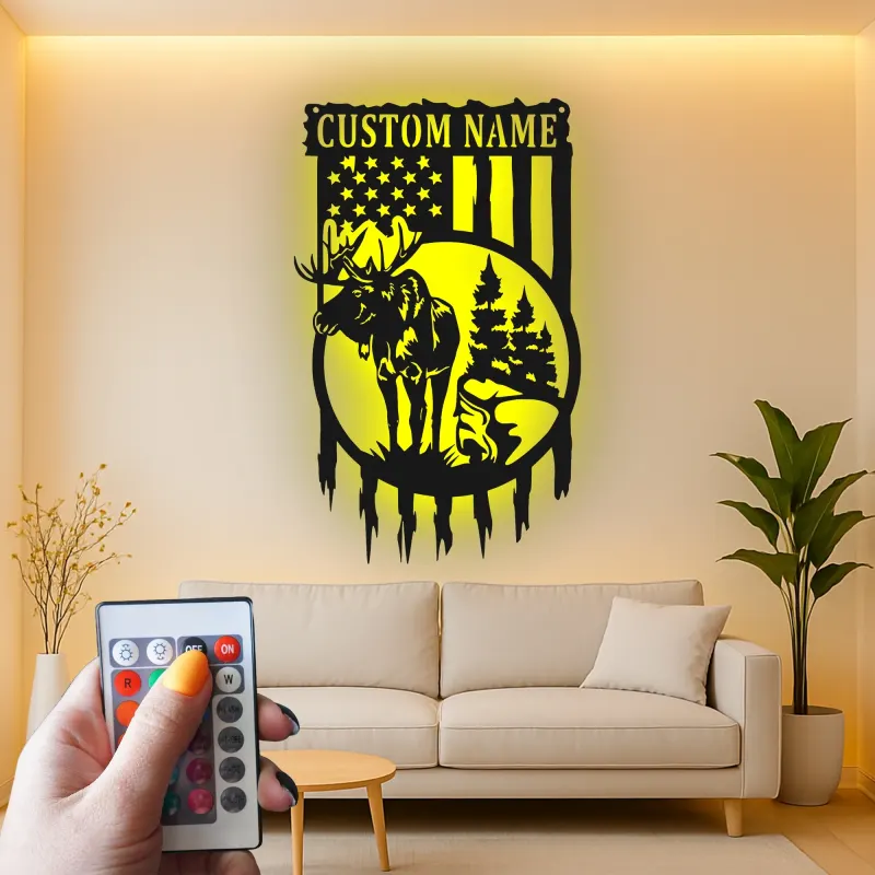 Letrero LED personalizado con alce y bandera estadounidense | Arte mural de metal personalizado | Decoración rústica para cabaña para amantes de la vida al aire libre