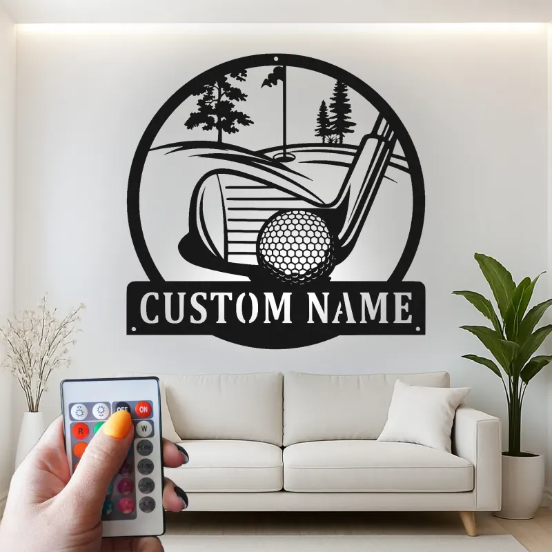 Cartel de golf personalizado con luces LED | Decoración mural de metal a medida | Decoración con nombre de golfista para sala de juegos y bar en casa