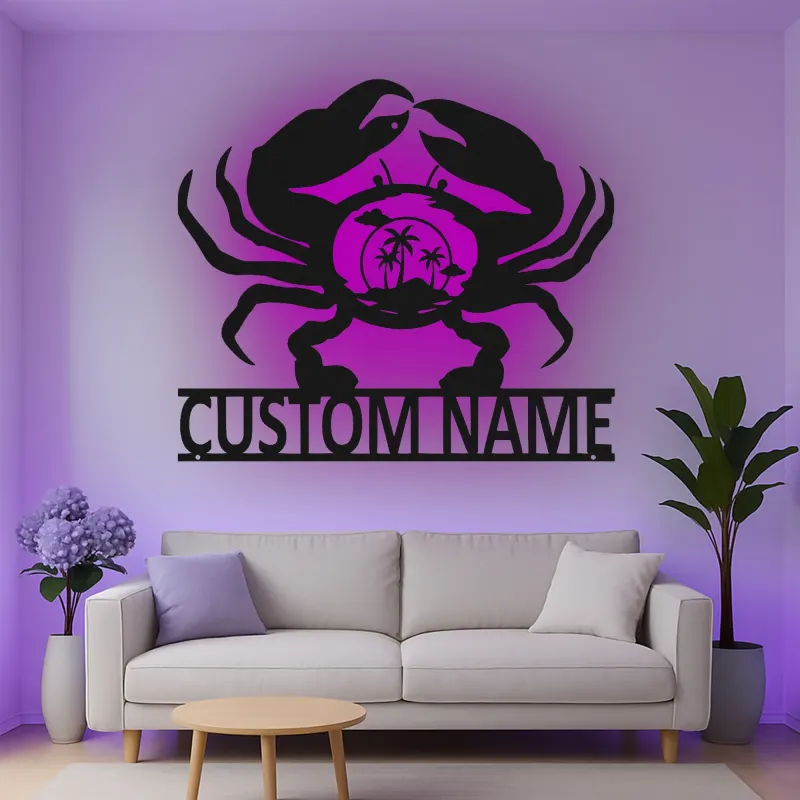 Personalisierte Krabben-Strandszene LED-Wandkunst aus Metall – Küstengeschenk für Strandliebhaber, nautische Wohn-Deko