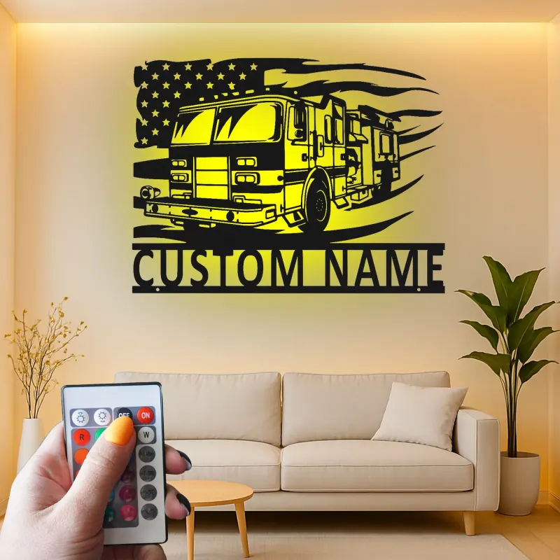 Insegna in Metallo Personalizzata per Vigile del Fuoco | Arte Murale LED Camion dei Pompieri | Regalo Personalizzato per Pompiere | Decorazione Patriottica per Stazione dei Pompieri