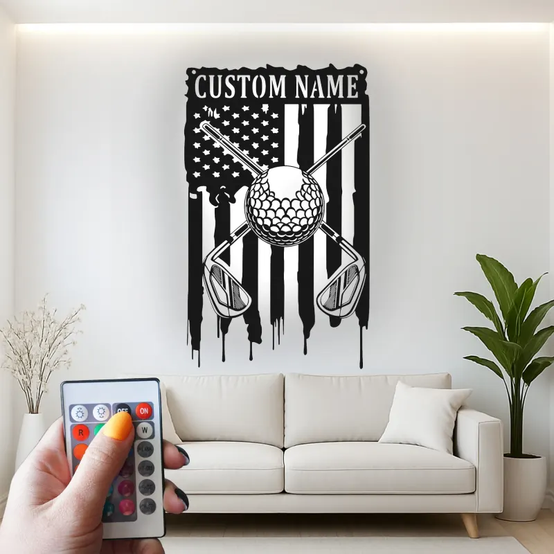 Enseigne de golf personnalisée pour man cave | Décoration murale en métal sur mesure avec LED | Cadeau patriote pour golfeur