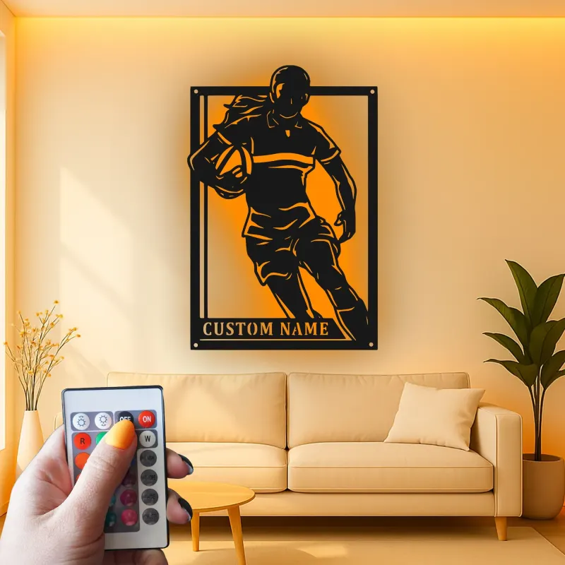 Décoration murale en métal personnalisée avec lumière LED de joueur de rugby