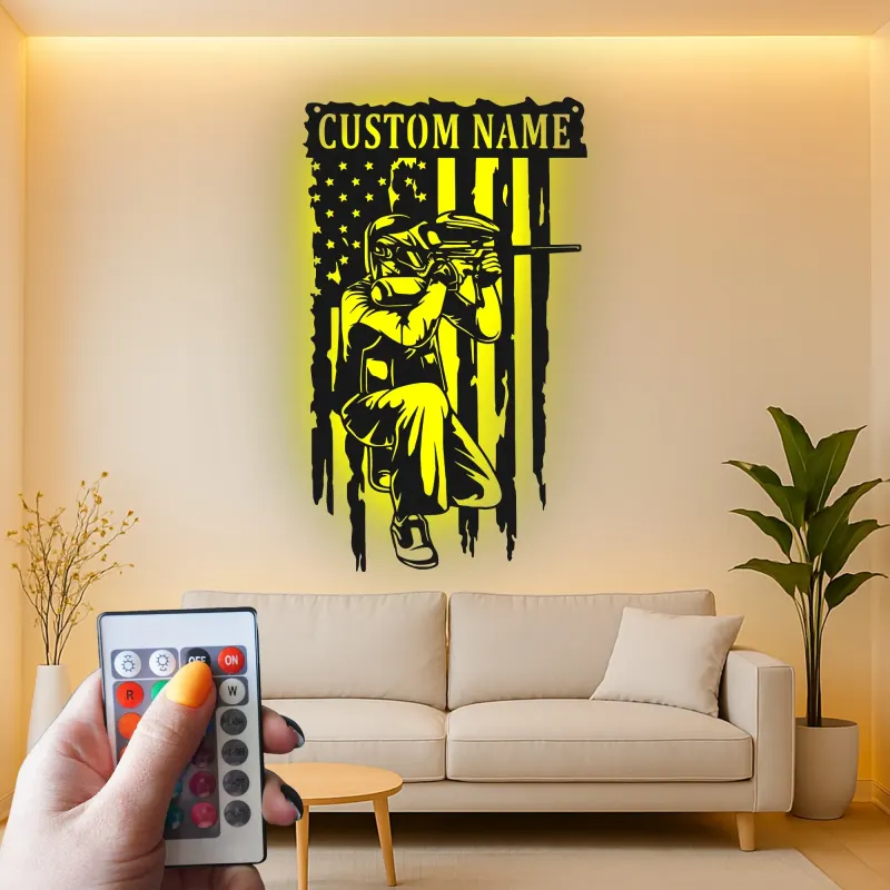 Panneau Personnalisé Joueur de Paintball | Décoration Murale en Métal Rétroéclairée avec Drapeau Américain | Décor de Salle de Jeu avec Nom Personnalisé | Cadeau pour Paintballeur