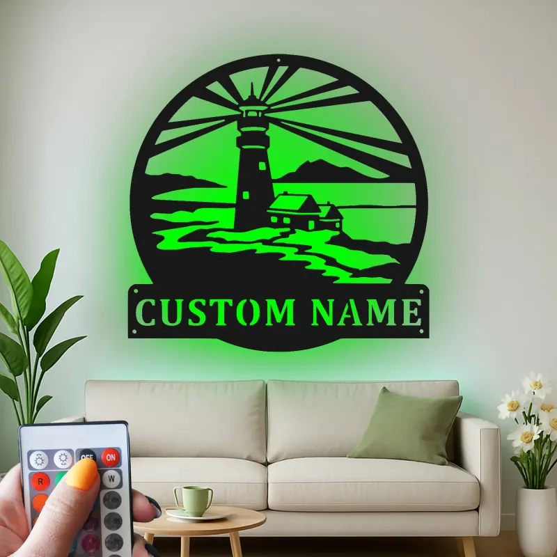 Cartel de metal LED personalizado de faro, regalo costero, decoración náutica para casa de playa 1