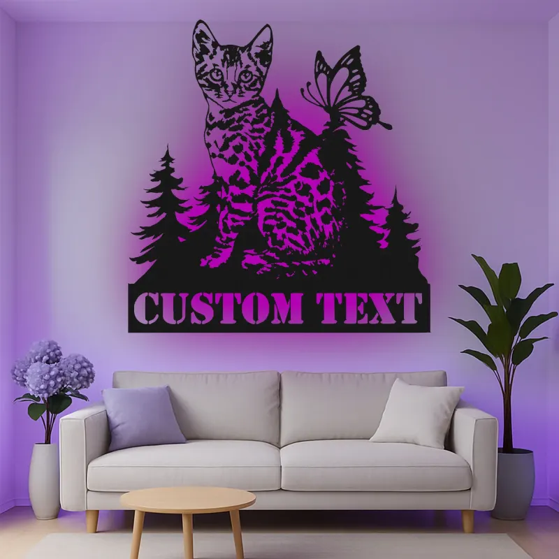 Cartel de metal personalizado con gato y mariposa y luz LED, regalo para amantes de mascotas, decoración para dormitorio o salón