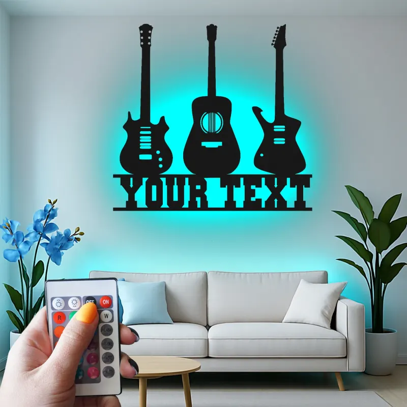 Insegna LED personalizzata a forma di chitarra | Decorazione murale in metallo personalizzata per sala musica | Regalo per musicisti | Arredo da parete per chitarristi