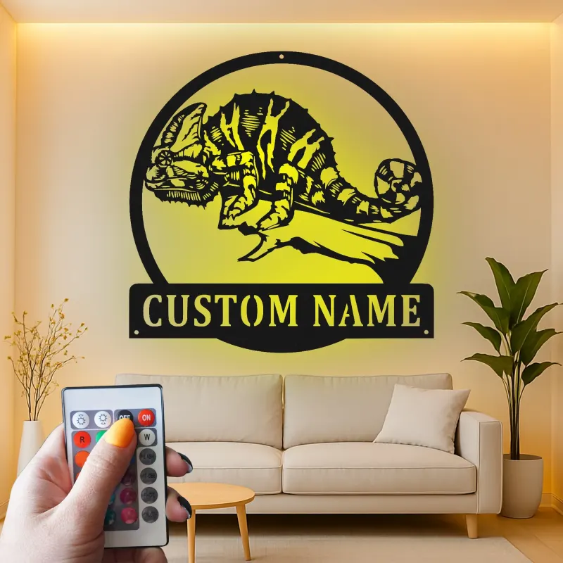 Insegna in metallo LED personalizzata a forma di camaleonte - Regalo unico per amanti dei rettili, decorazione per camera da letto o ufficio
