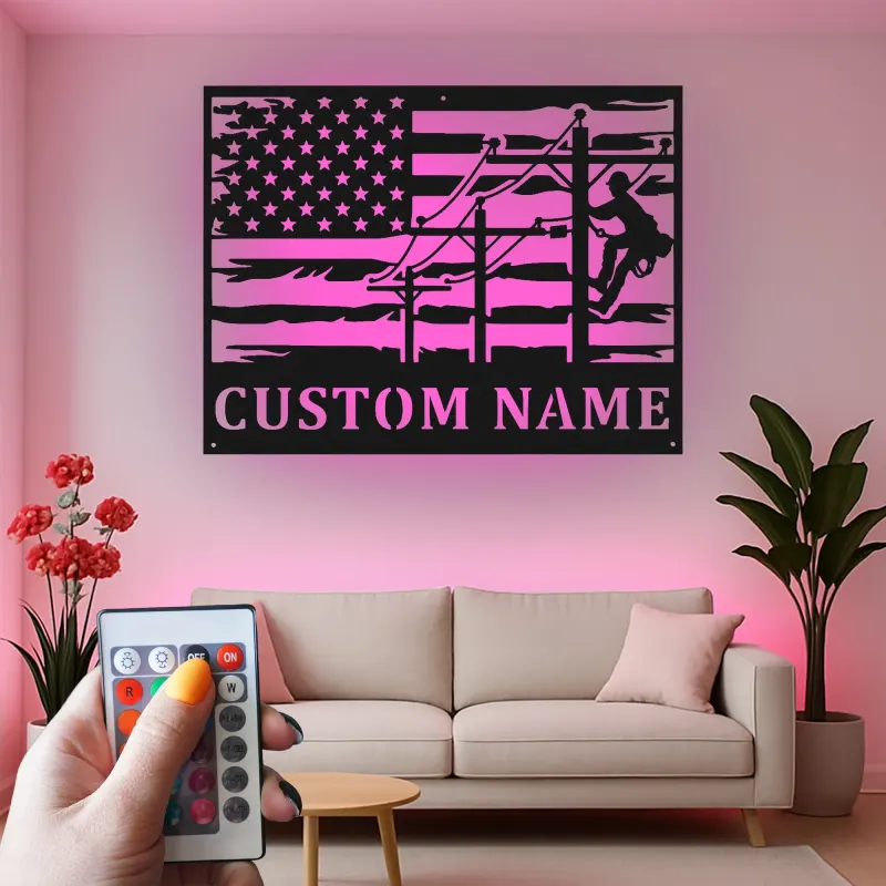 Cartel de metal personalizado para liniero | Arte LED con bandera americana personalizada | Regalo para electricista y decoración patriótica para trabajador de servicios públicos