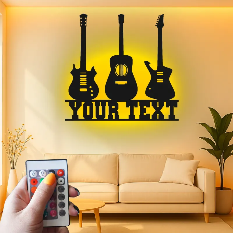 Insegna LED personalizzata a forma di chitarra | Decorazione murale in metallo personalizzata per sala musica | Regalo per musicisti | Arredo da parete per chitarristi