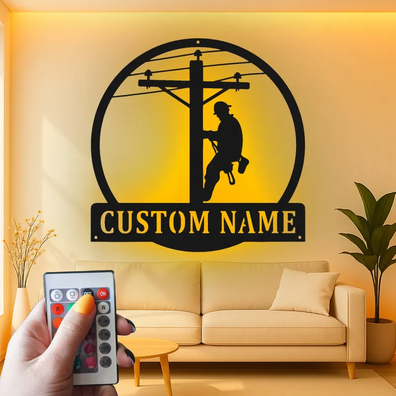 Arte da Parete in Metallo LED per Lineman | Insegna Personalizzata per Lavoratore di Pubblica Utilità | Regalo Personalizzato per Elettricista per Garage | Decorazione per Man Cave