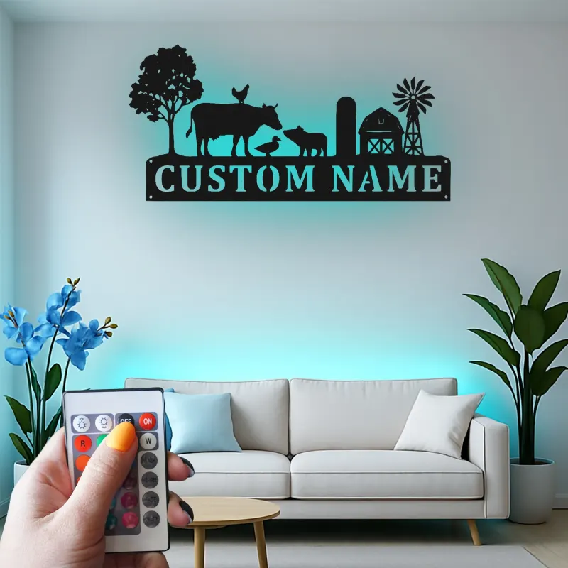 Insegna personalizzata per fattoria con luci LED | Decorazione murale in metallo personalizzata | Arredo da fienile per regalo casa di ranch