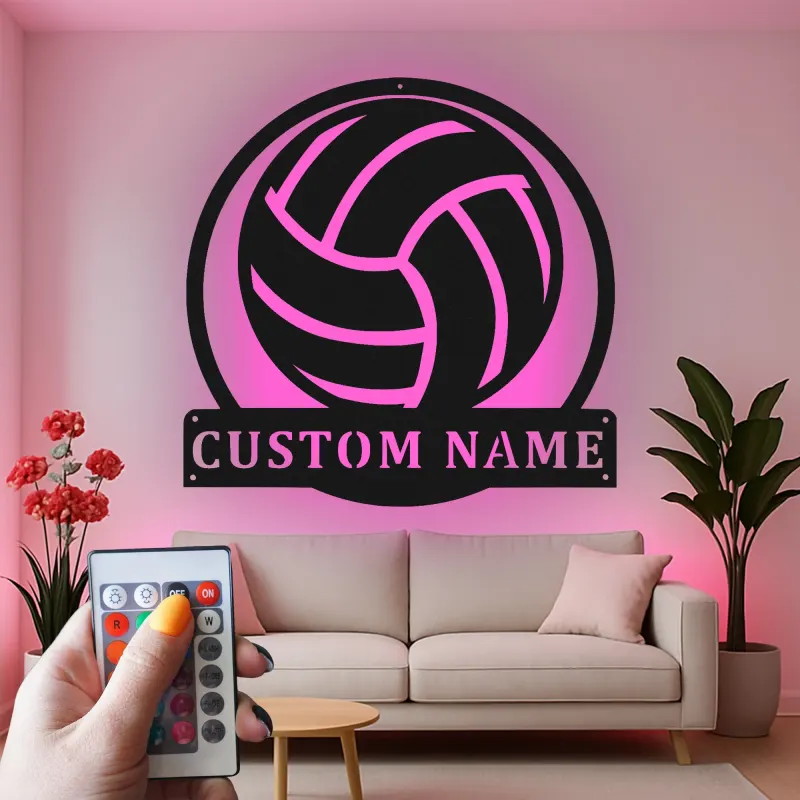 Personalisierte Metall-Wandkunst mit Volleyball und LED-Beleuchtung – Geschenk für Volleyballspieler, Dekoration für Spielzimmer oder Sportbereich