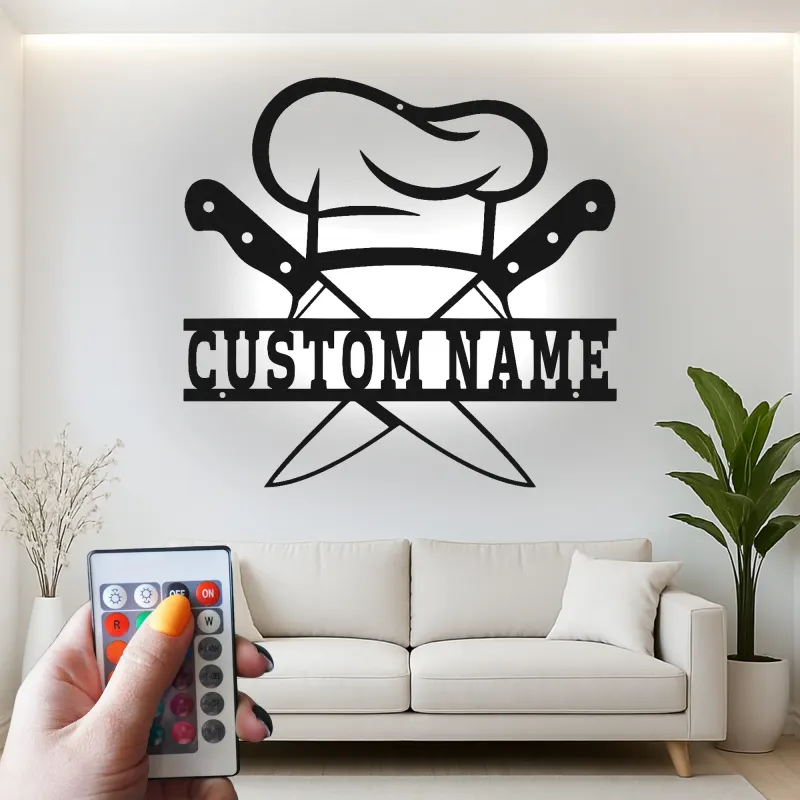 Décoration murale en métal personnalisée Chapeau de Chef et Couteaux avec rétroéclairage LED