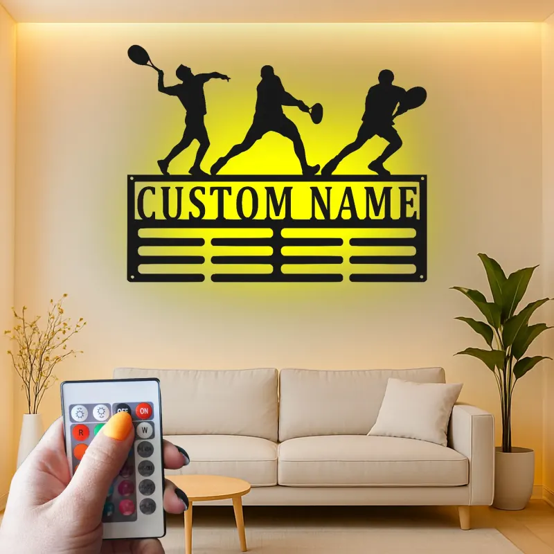 Insegna in metallo personalizzata per giocatore di tennis | Arte murale LED con nome personalizzato | Decorazione per stanza sportiva per atleta, allenatore