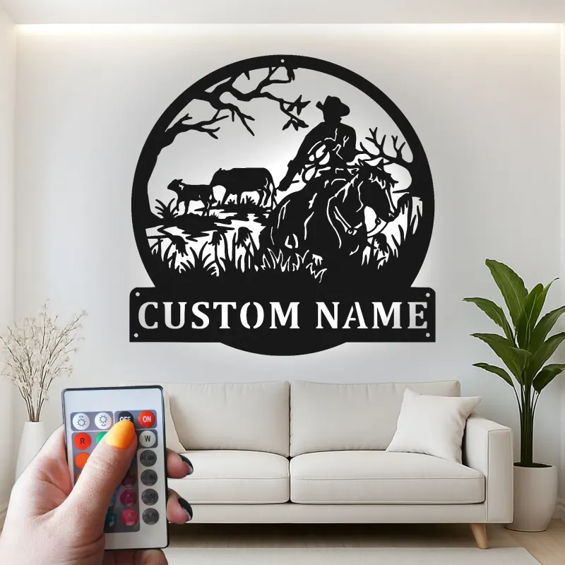 Cartel de metal personalizado con rancho vaquero y luz LED, regalo western para él, decoración rústica de granja