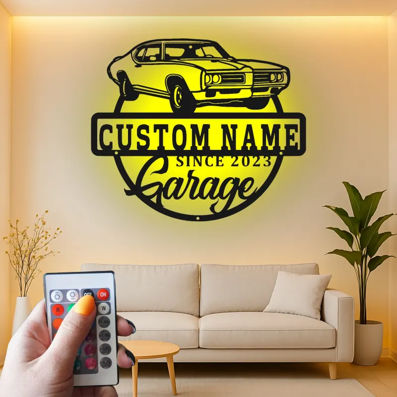 Insegna in metallo personalizzata con luce LED per garage di auto classiche - Regalo per appassionati di auto, decorazione per man cave o garage