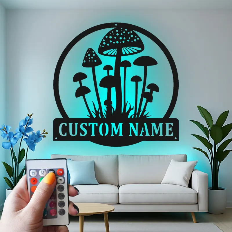 Arte da Parete LED a Forma di Fungo | Insegna con Nome Personalizzato | Decorazione Rustica per Casa, Ufficio | Regalo per Giardiniere