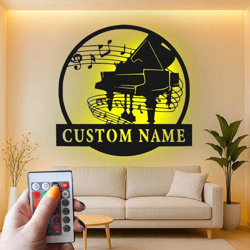 Panneau piano personnalisé avec LED | Décoration murale en métal sur mesure pour salle de musique | Silhouette de piano à queue | Cadeau pour pianiste