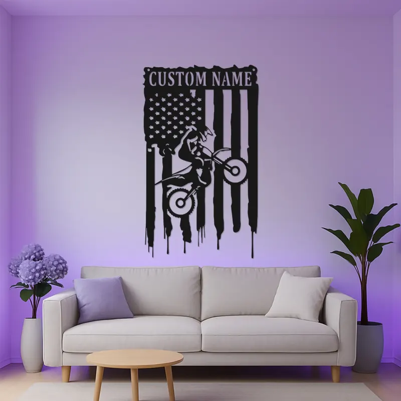 Personalized Motocross LED Sign | Custom Dirt Bike Metal Wall Art | American Flag Rider Gift for Man Cave & Garage Decor