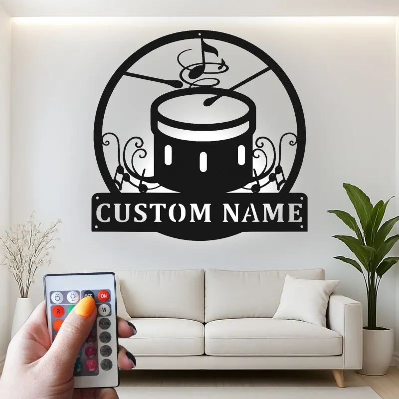 Insegna in metallo LED a forma di tamburo personalizzata Regalo per musicisti Decorazione per sala musica per batteristi
