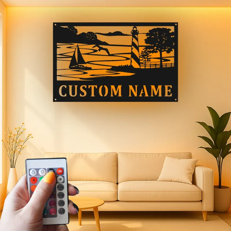 Décoration murale en métal personnalisée avec phare et voilier et rétroéclairage pour les amoureux de la plage