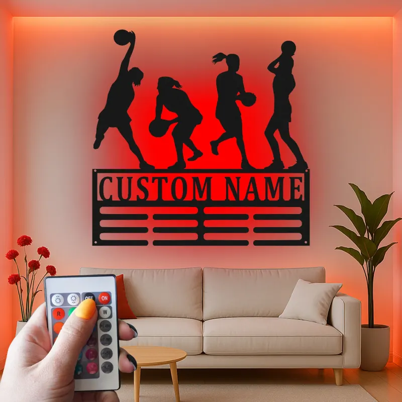 Custom Female Basketball Player Led Light Metal Wall Art Personalized Gift for Athletes Sports Room Decor