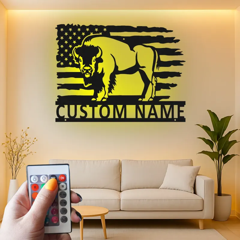 Décoration murale en métal LED personnalisée avec un bison et le drapeau américain - Cadeau patriotique pour lui, décoration rustique pour un homme