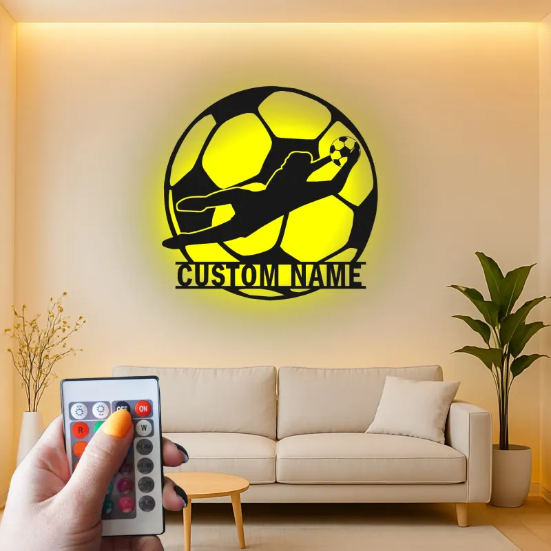 Letrero metálico personalizado de portero | Arte mural LED de fútbol | Decoración con nombre a medida para habitación del jugador | Regalo para aficionados al deporte