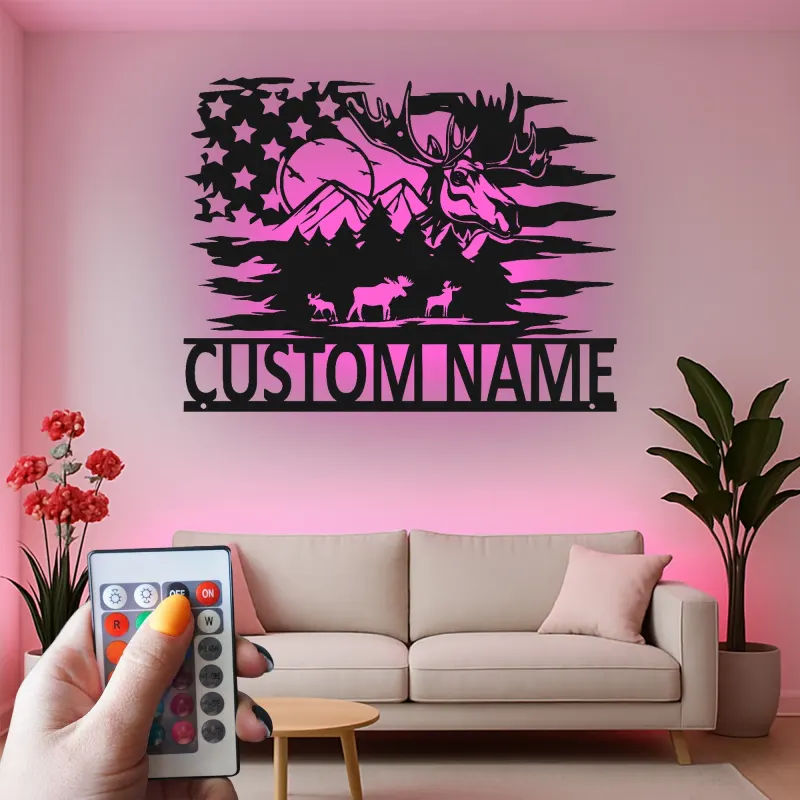 Personalized Moose Metal Sign with LED | Rustic Cabin & Lodge Wall Art | Custom American Flag Wildlife Decor for Hunters