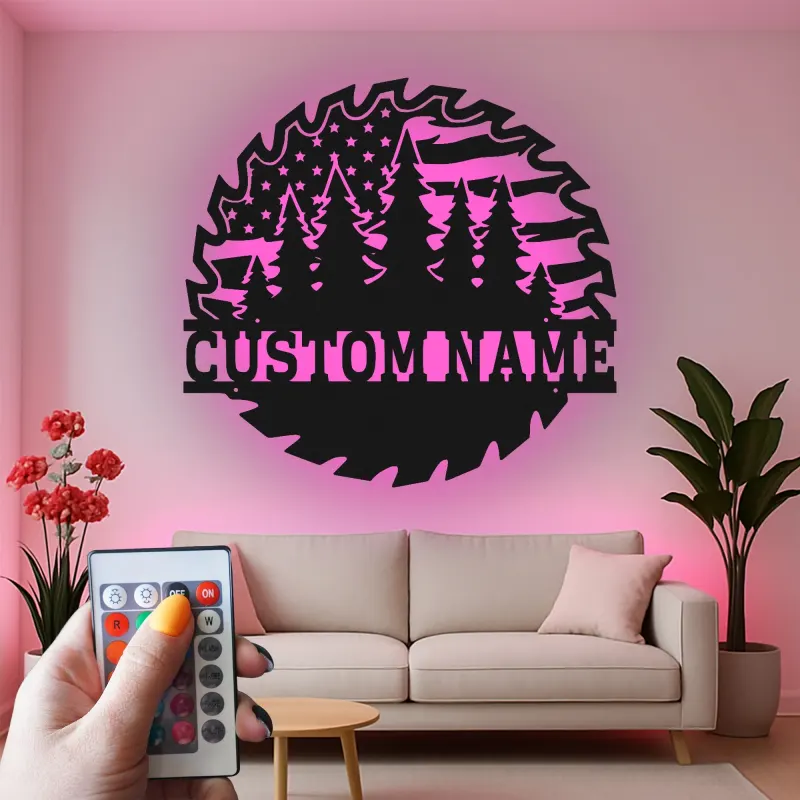 Personalized Saw Blade Metal Sign | Forest & Flag LED Wall Art | Custom Name Cabin Decor | Outdoorsman Gift for Him