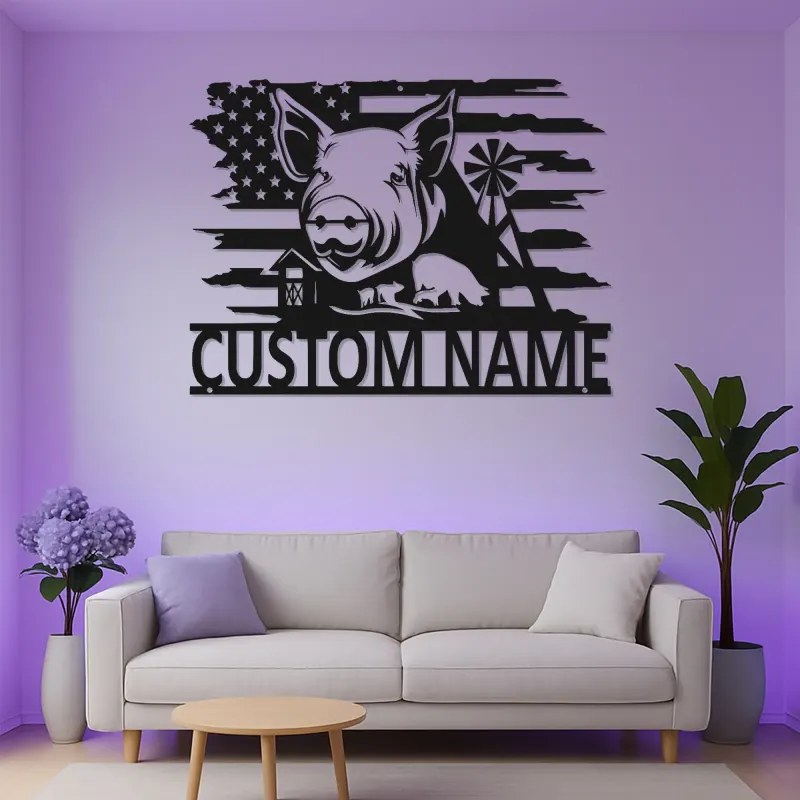 Panneau Métal Personnalisé Cochon & Drapeau | Art Mural de Ferme LED | Plaque de Nom Personnalisée pour Agriculteur | Décor Américain Rustique