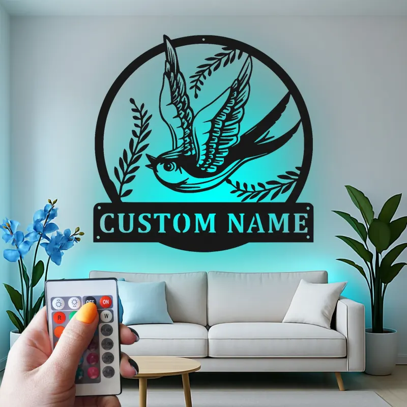 Custom Swallow Bird Led Light Metal Wall Art Personalized Gift for Nature Lovers Bedroom or Living Room Decor
